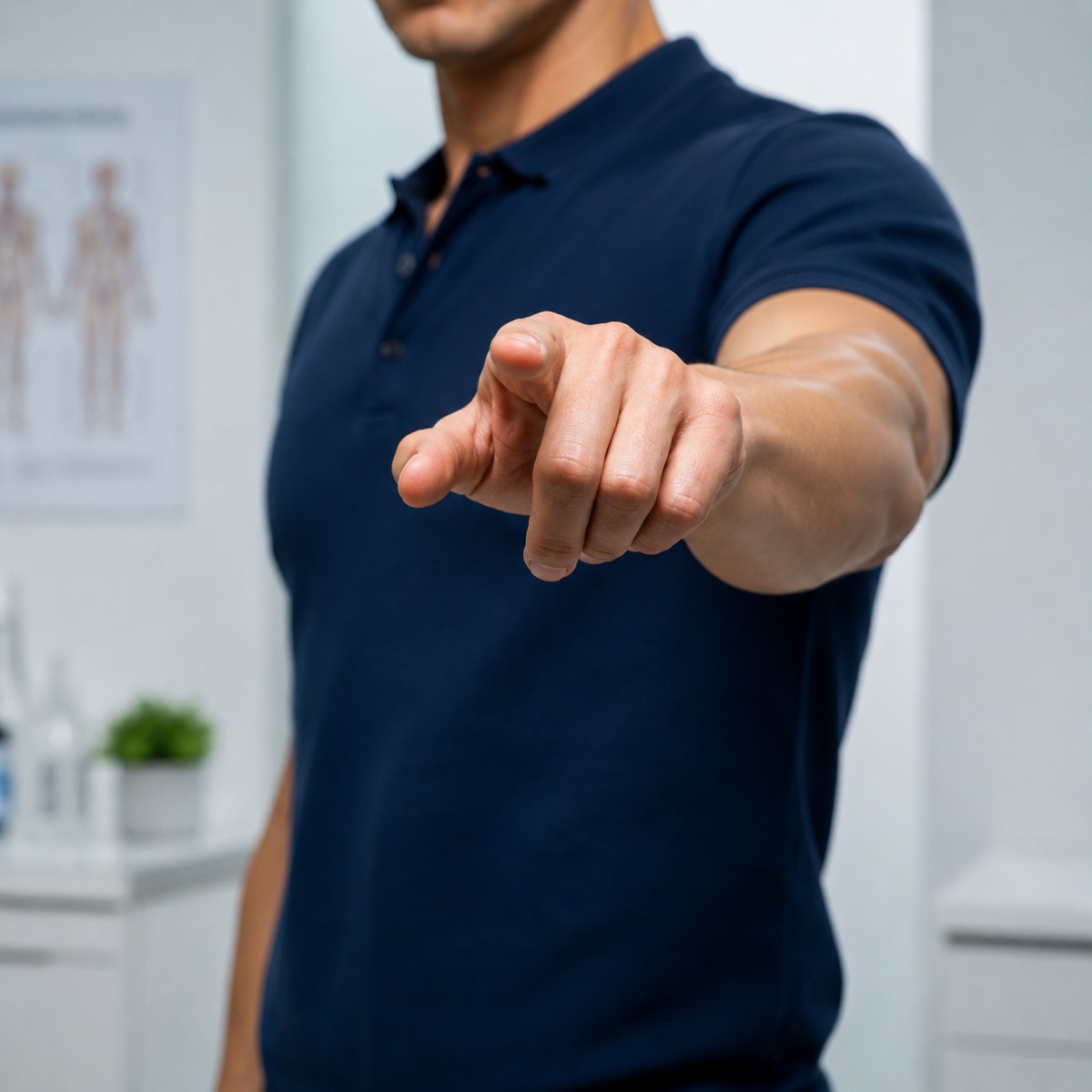 A man pointing forward — your turn.
