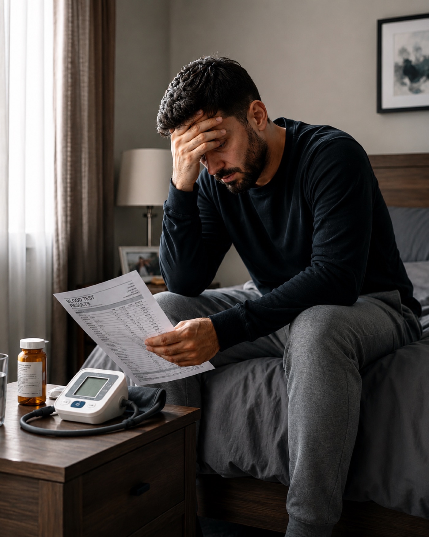 A man at home holding a medical report, alone with the thought.
